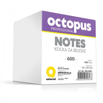 KOCKA PAPIRA 9X9cm 600 LISTA BELA OCTOPUS UNL-0638 