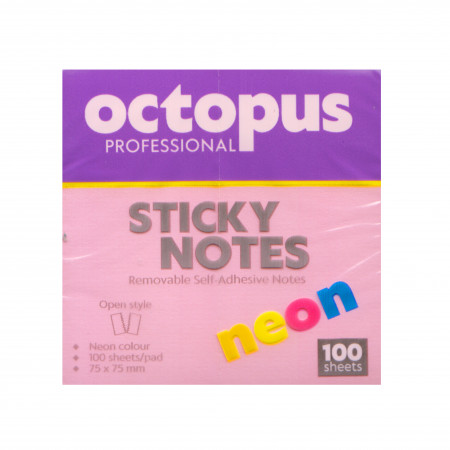 BLOK SAMOLEPLJIVI 75x75 100 LISTA NEON PINK OCTOPUS UNL-2043 
