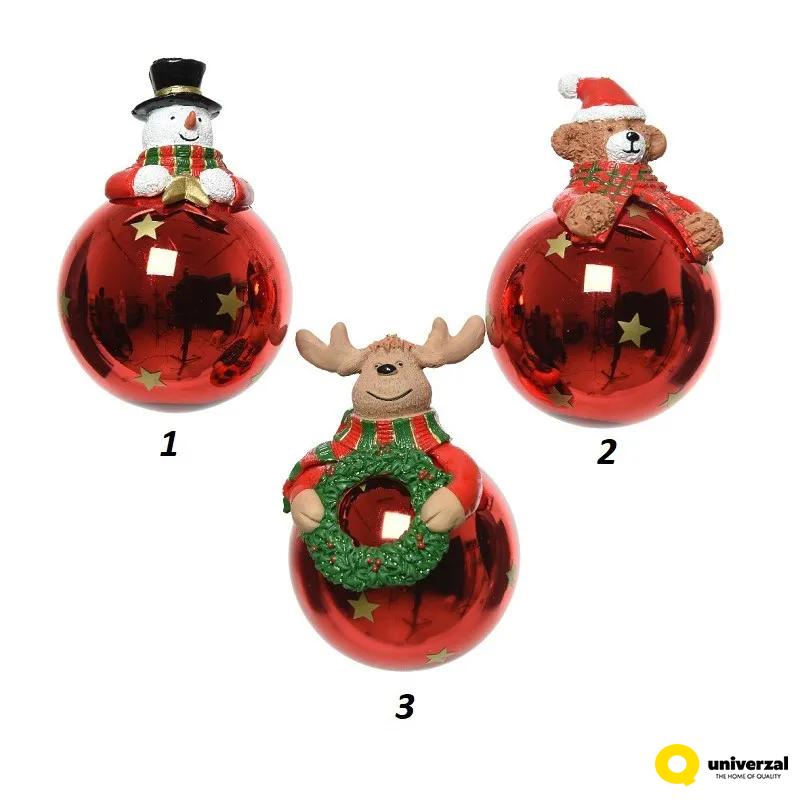 KUGLA NOVOGODIŠNJA STAKLENA 7CM CRVENA SA FIGUROM 060453 