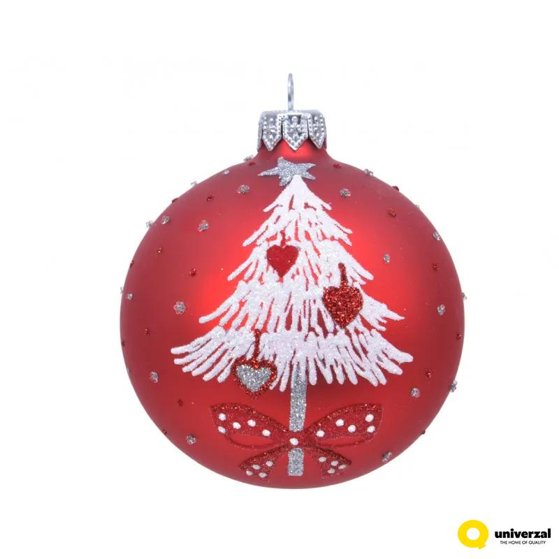 KUGLA NOVOGODIŠNJA STAKLENA 8CM CRVENA DEZEN JELKA 050325 