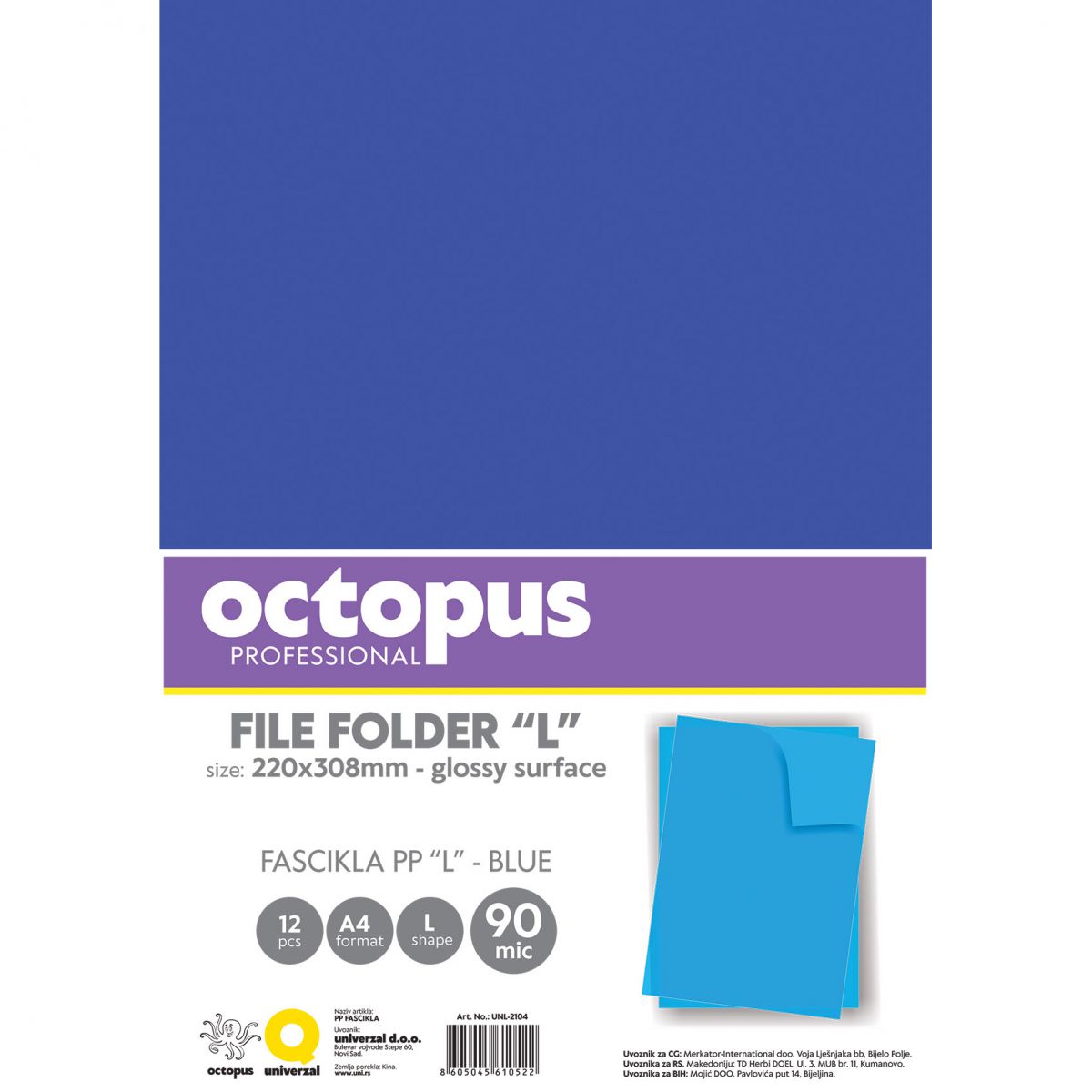 FASCIKLA A4 L 90MIC 12/1 OCTOPUS PLAVA UNL-2104