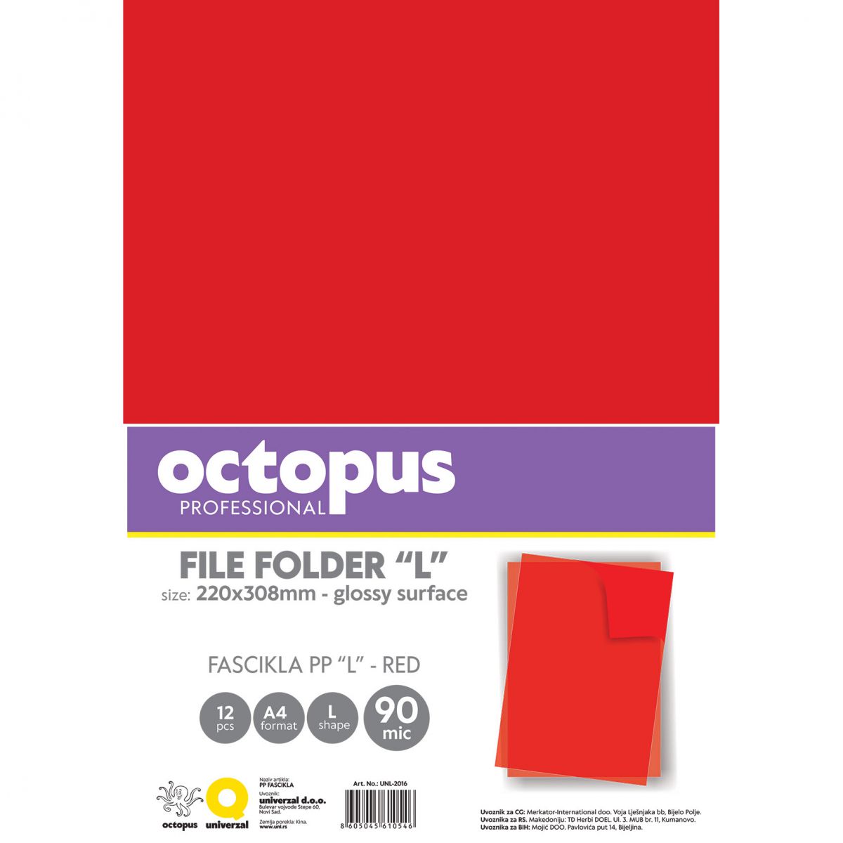 FASCIKLA A4 L 90MIC 12/1 OCTOPUS CRVENA UNL-2106