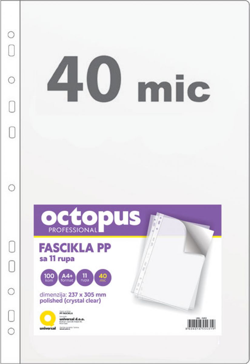 FASCIKLA A4 100/1 U 11 RUPA 40mic OCTOPUS CRYSTAL CLEAR UNL-0412