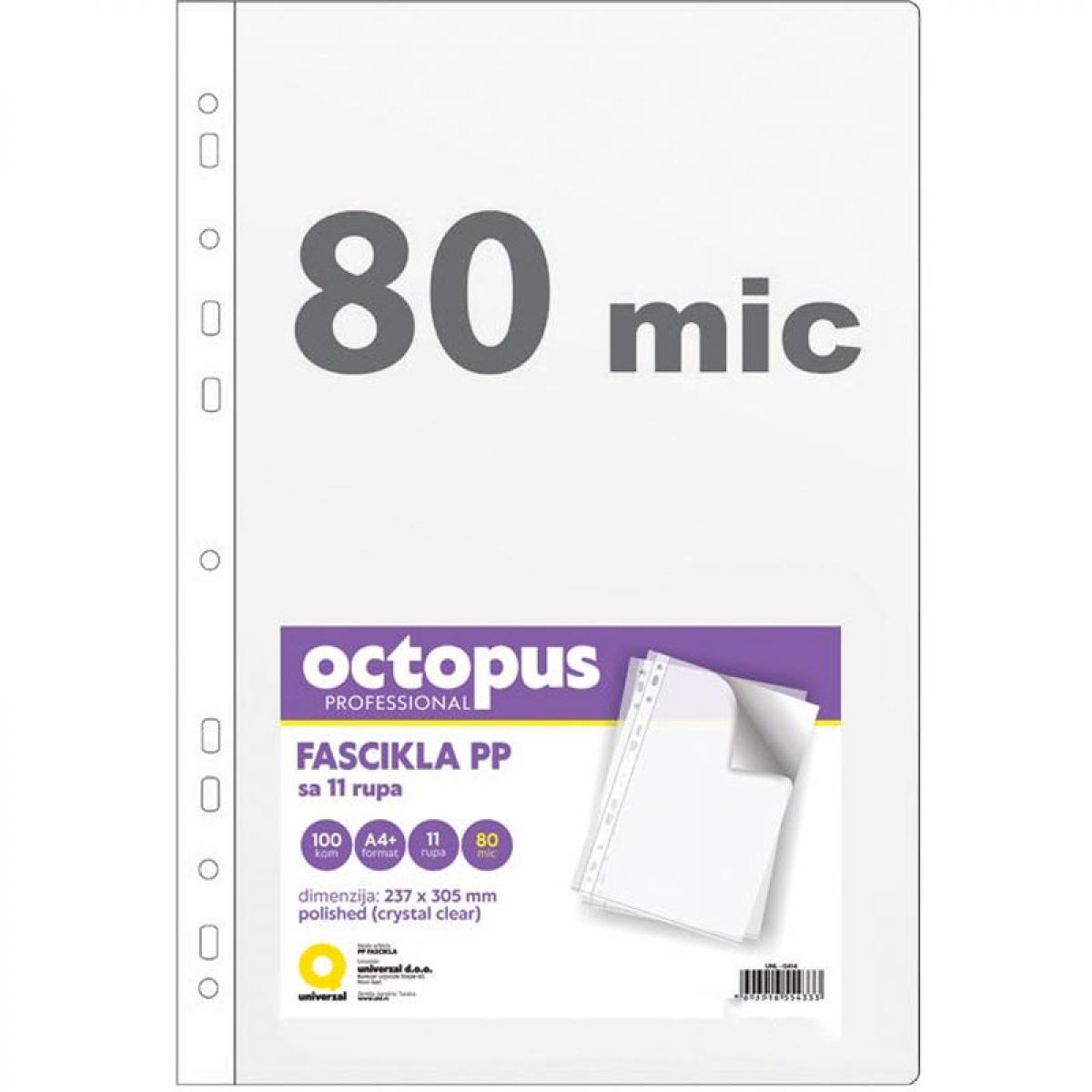 FASCIKLA A4 100/1 U 11 RUPA 80mic OCTOPUS CRYSTAL CLEAR UNL-0414