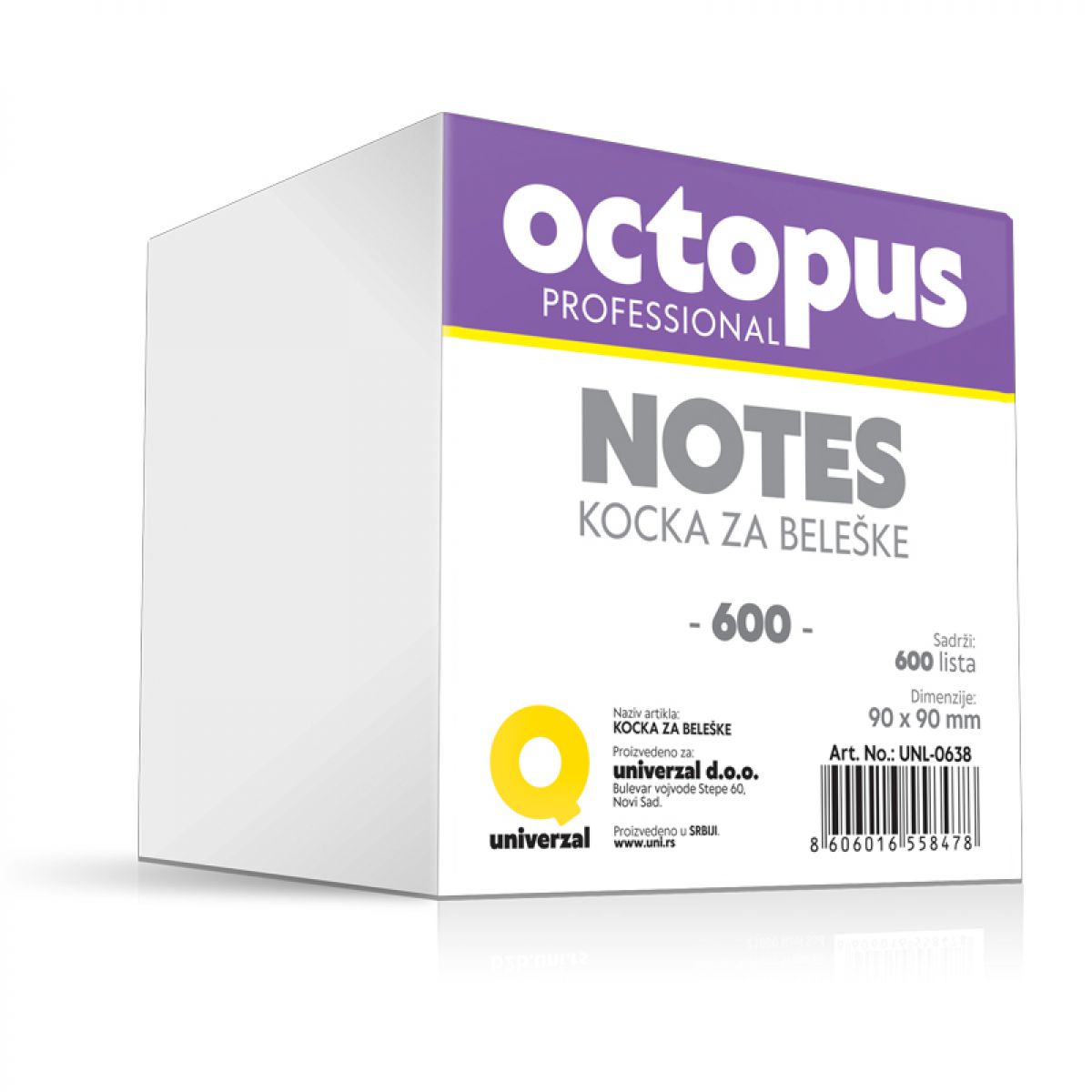 KOCKA PAPIRA 9X9cm 600 LISTA BELA OCTOPUS UNL-0638