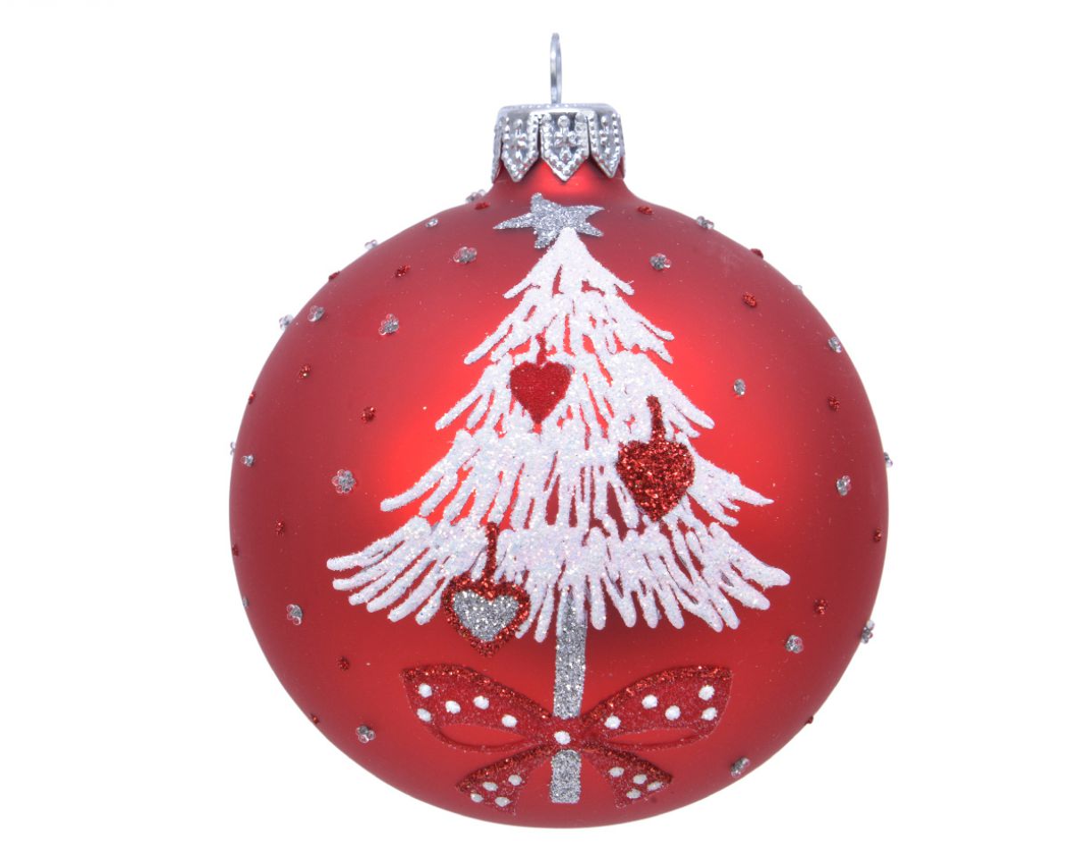 KUGLA NOVOGODIŠNJA STAKLENA 8CM CRVENA DEZEN JELKA 050325
