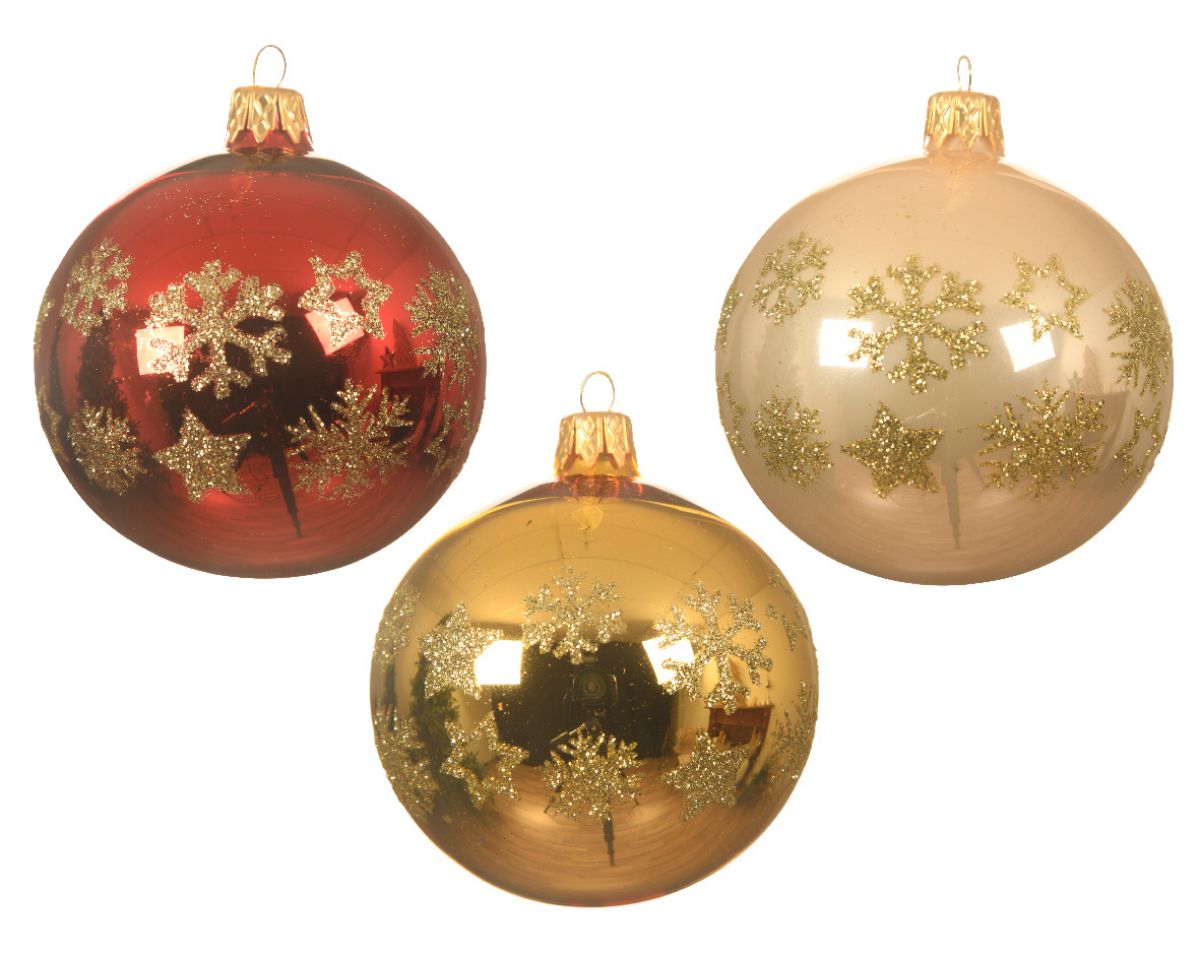KUGLA NOVOGODIŠNJA STAKLENA 8CM SHINY SA PAHULJOM 080394