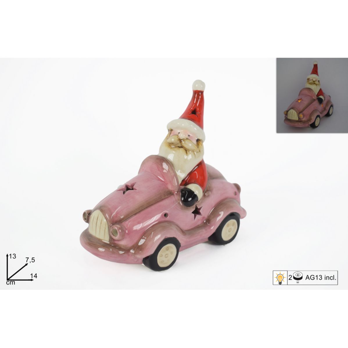 NOVOGODIŠNJI UKRAS FIGURA AUTO SA DEDA MRAZOM ROZI 13X7.5X14CM CA012589B